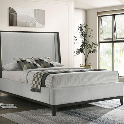 1Pc Queen Size Upholstered Wingback Design Bed Gray Wooden Trim Premium Fabric Bedroom Furniture