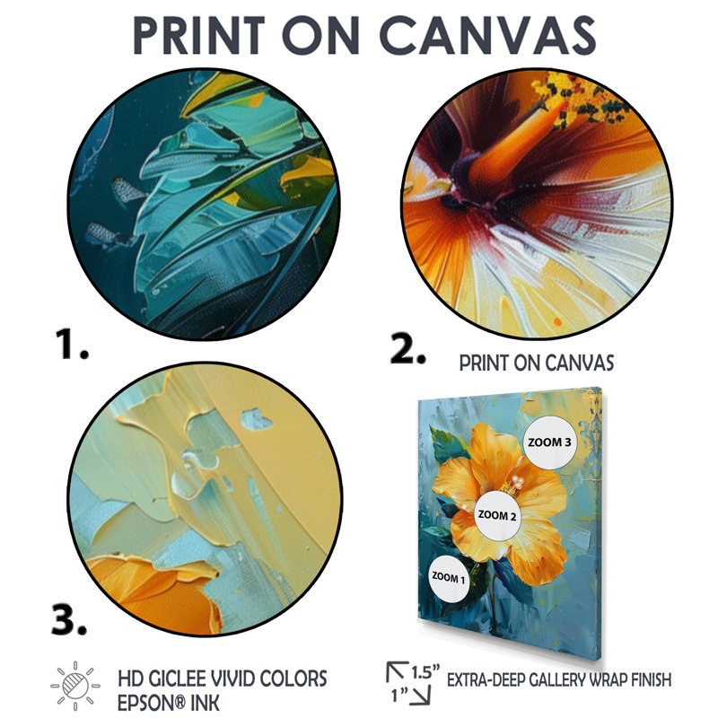 Décoration murale vibrante «Hibiscus» bleu et jaune - Hibiscus, Cadre flottant brun, H 12 po x l 20 po
