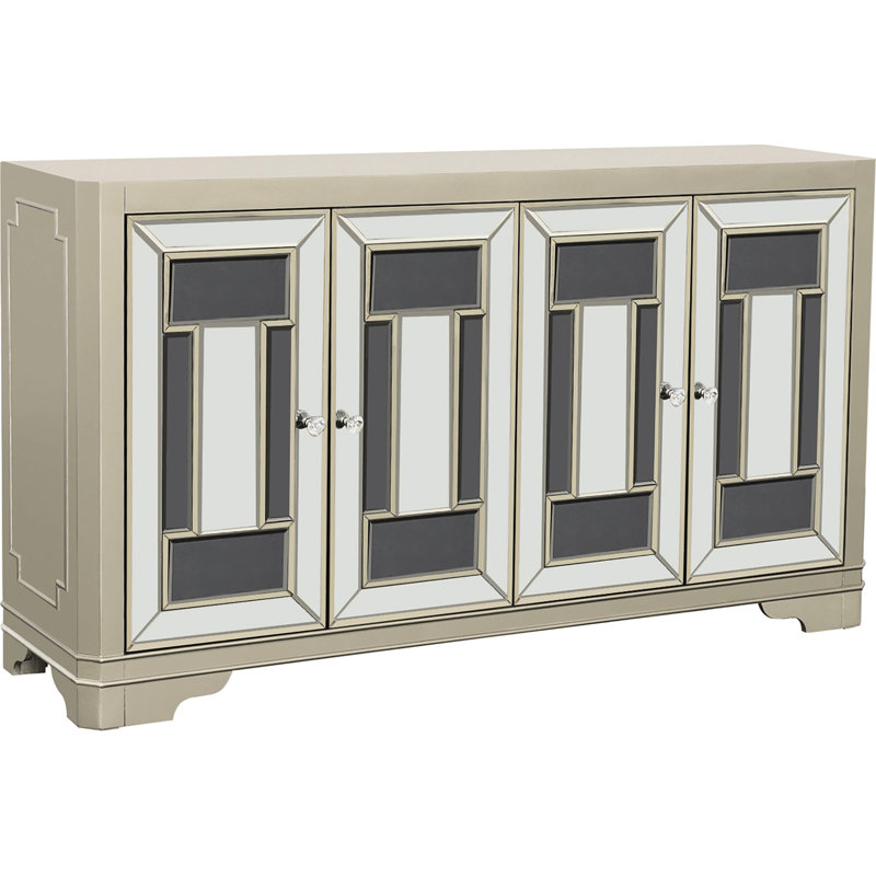 Armoire de rangement luxueuse avec finition champagne, miroirs argentés et cristal pour une utilisation à la maison.