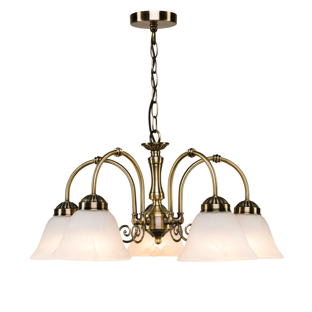 Brazell 5-Light Antique Brass Down Light Shaded Chandelier Alabaster Style Glass
