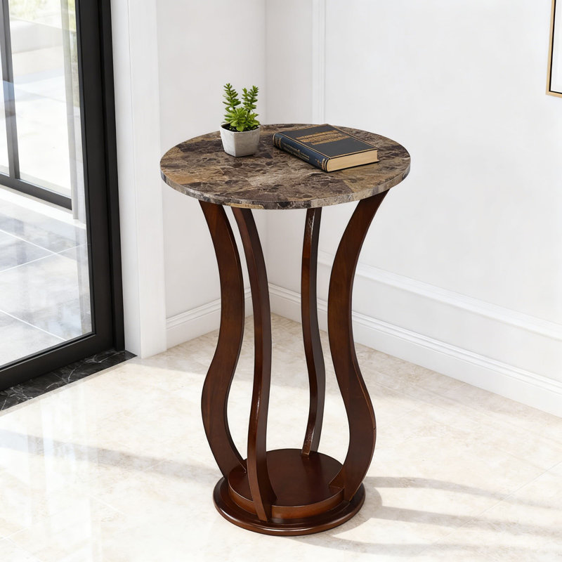 Support pour plante rond Elton avec plateau en faux marbre et tablette intégrée