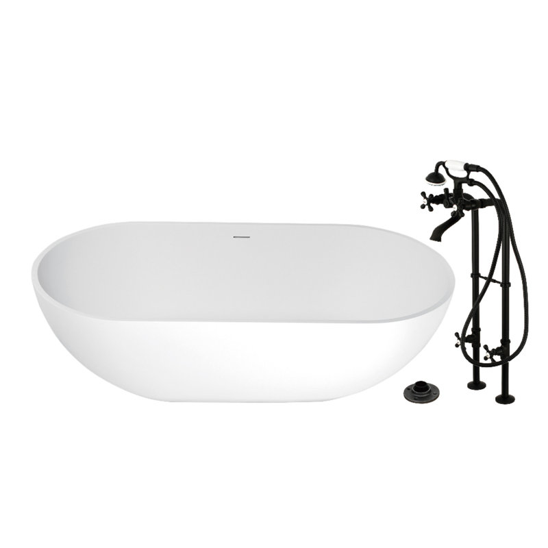Baignoire autoportante ovale à deux extrémités de surface solide de 70 pouces avec robinet et drain Kingstonstone, Noir mat