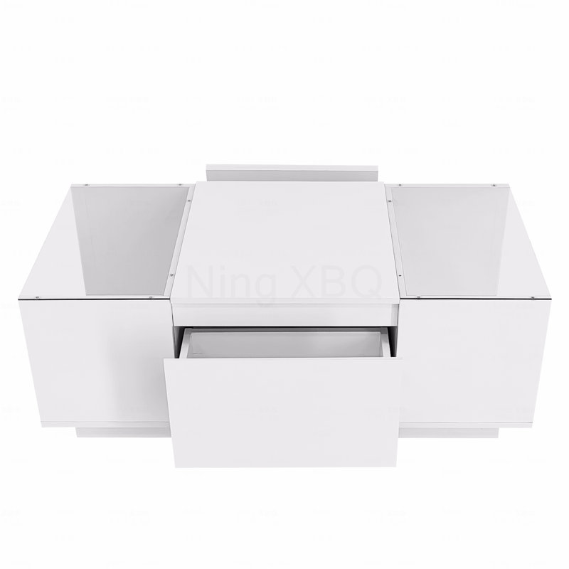 Table basse à DEL, table centrale moderne avec finition ultrabrillante et plateau en verre, table basse avec compartiment de rangement ouvert et 2 tiroirs cachés pour le salon