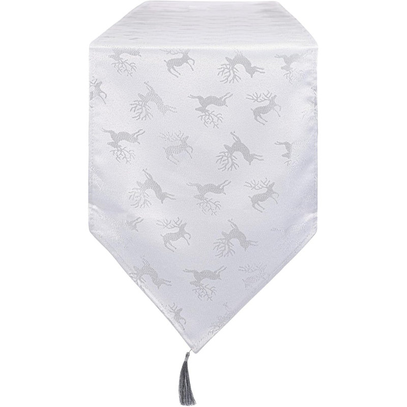 Christmas Deer Design Table Runner 13in, 33cm W x 244cm L, White/Silver