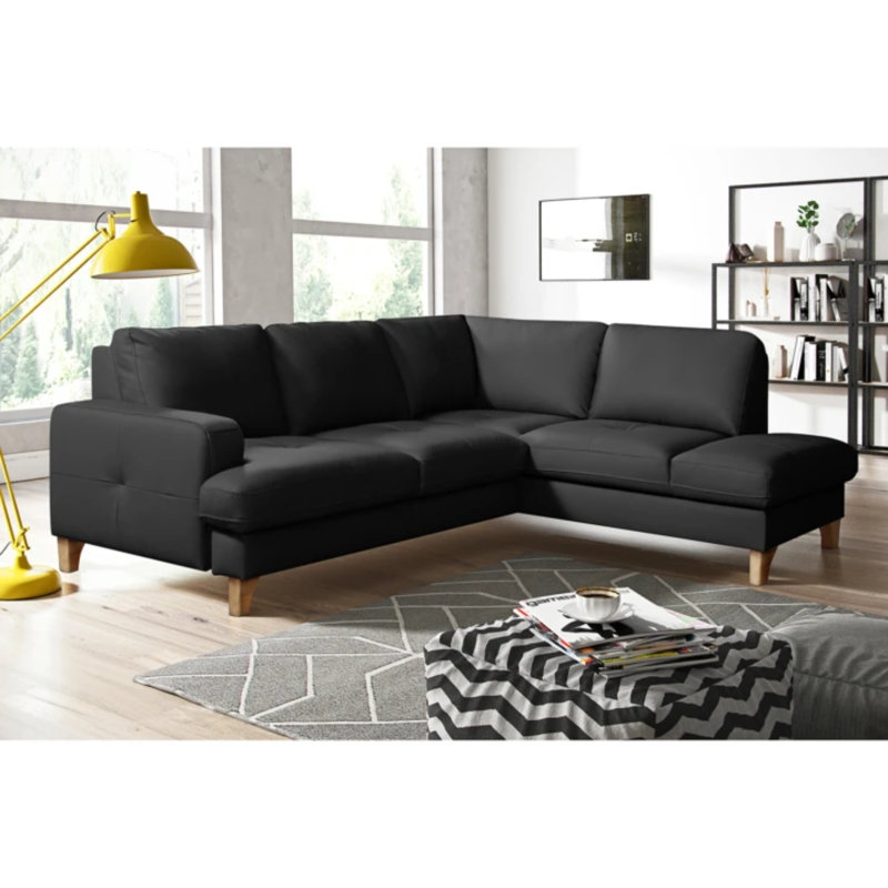 Damar Leather Corner Sofa with Sleeping Function and Storage, Right Hand Facing, Damar Black Genuine Leather