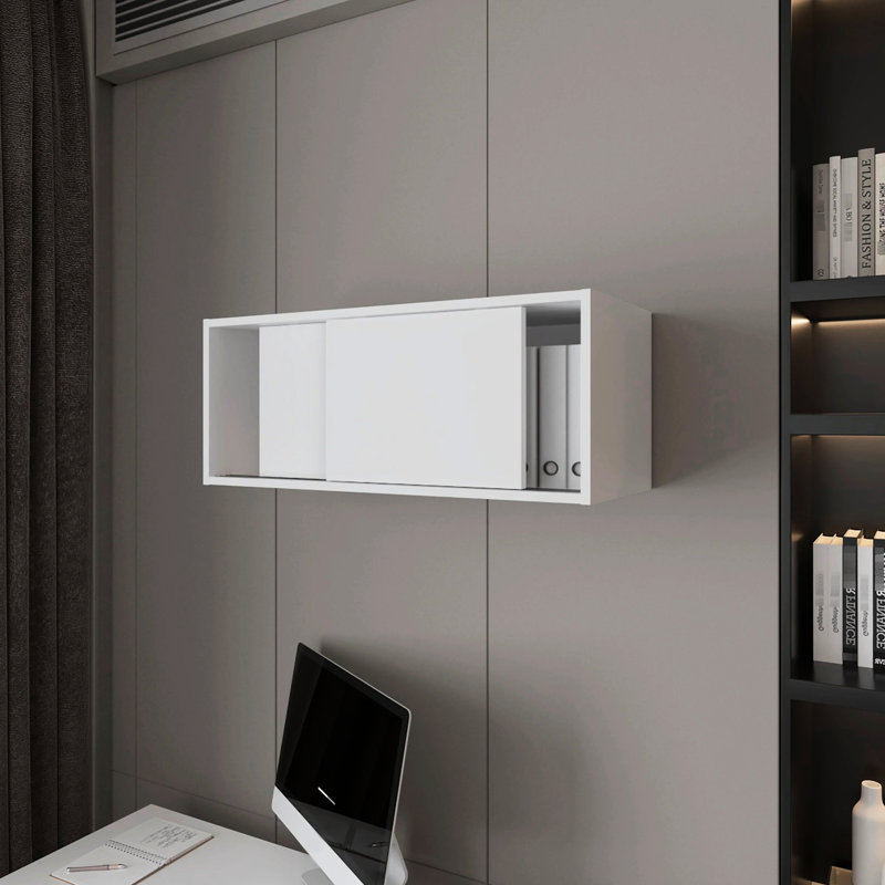 Modern White Floating Cabinet With Sliding Door - Improve Office & Study Function Enhance Functionality