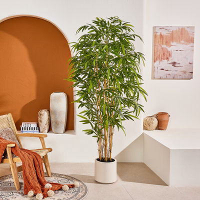 Adcock 6.5ft Artificial Bamboo Tree with 1424 Lush Leaves, UV Resistant Faux Floor Plant with 7 Natural Bamboo Trunks and 10.5" Cream White Planter for Indoor & Outdoor Décor