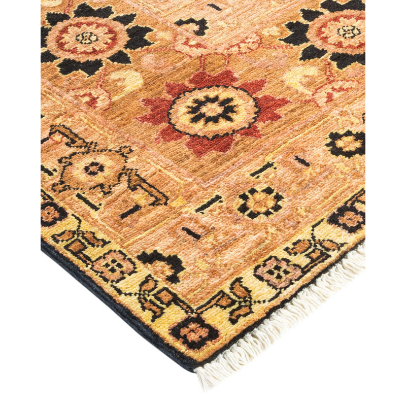 Tapis noir en laine noué à la main de conception unique 9 pi 3 po x 11 pi 9 po Daneli