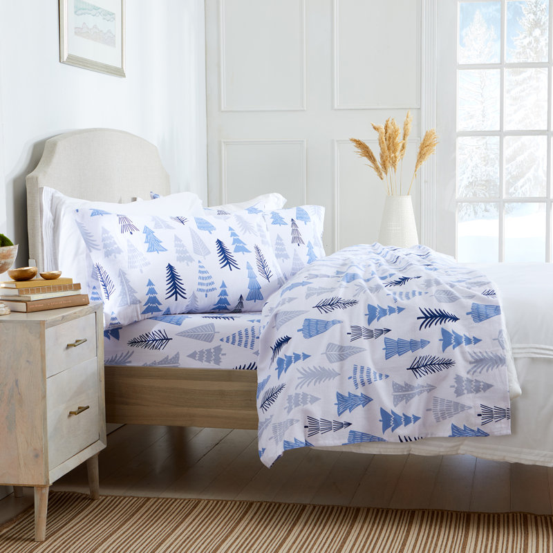 Queen Blue Forest Cotton Flannel Deep Pocket Sheet Set