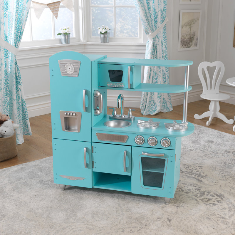 Cuisine de jeu rétro en bois avec machine à glaçons et téléphone pour jouer, Bleu