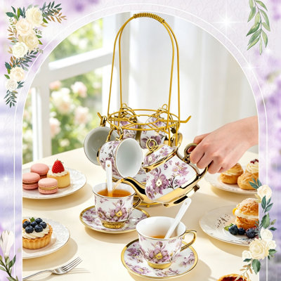 20PCS European Purple Floral Porcelain Tea Set with Gold Accents, 450ml Teapot & Cups Saucers with Metal Holder, Luxury Adult Tea Service Set