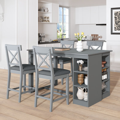 60"Lx30"W Solid Wood Farmhouse Counter Height Dining Table Set with 3-Tier Storage Shelves, Upholstered Dining Chairs for 4, 5-Piece