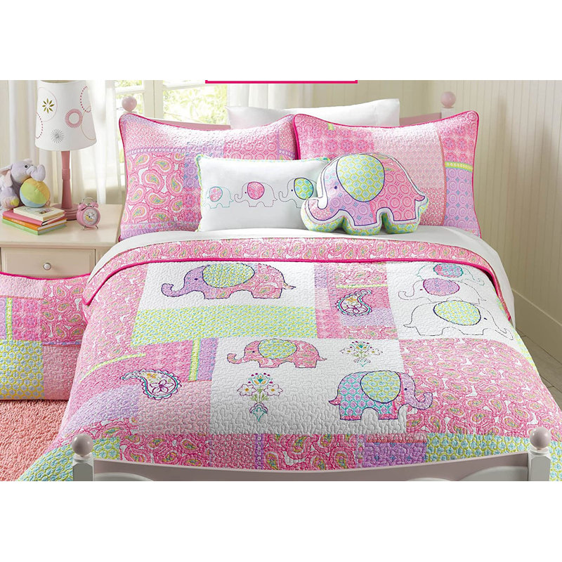Courtepointe réversible 100% coton Elephant Patch, Courtepointe grand + 2 taies décoratives standard