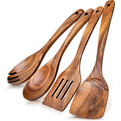 Acacia Wooden Cooking Utensils Set - 4Pcs Nonstick Kitchen Tools With Long Handles For Mixing, Baking, And Serving