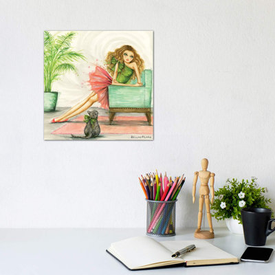 Claudia And Her Cat With The Big Green Bow by Bella Pilar - Wrapped Canvas Painting