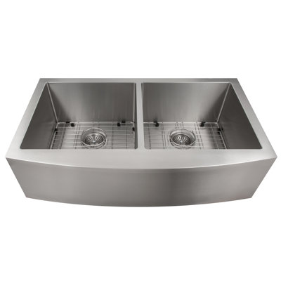 Zline 36 In. Niseko Farmhouse Apron Mount Double Bowl Stainless Steel Kitchen Sink With Bottom Grid (sa50d