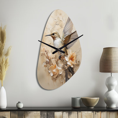 Bomers Fluttering Floral Hummingbird I - Hummingbird Asymmetrical Metal Clock, Modern Freeform Wall Clock Print