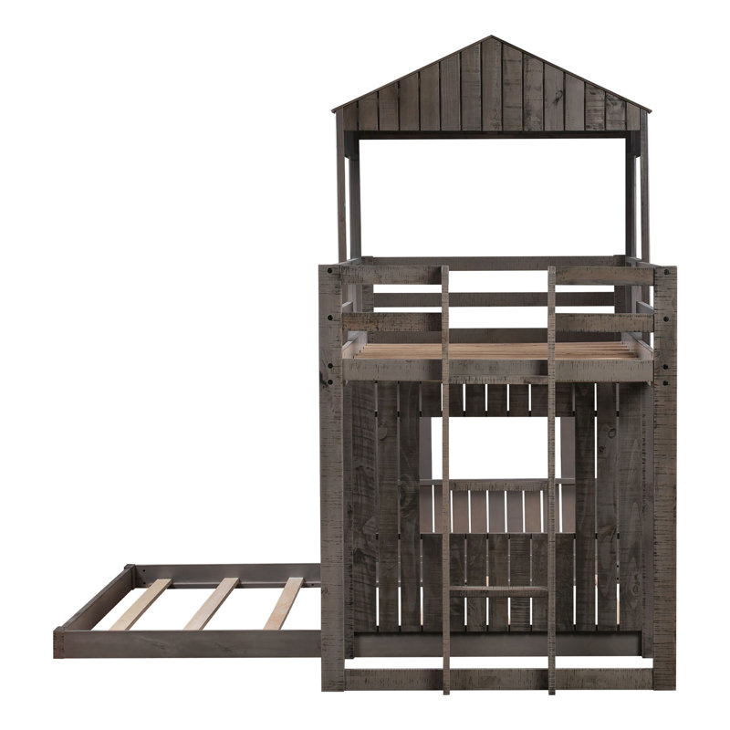 Lit superposé simple en bois sur lit double, lit mezzanine avec maisonnette, maison de campagne, échelle et garde-corps, gris antique