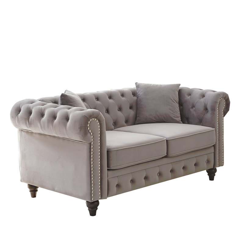 FX 63.5" Modern Design Chesterfield Sofa, Velvet Sofa Button Design Living Room Sectional Sofa, Button Tufted With Nail Design Arms With 2 Pillows, Upholstered Fabric And Wood Legs