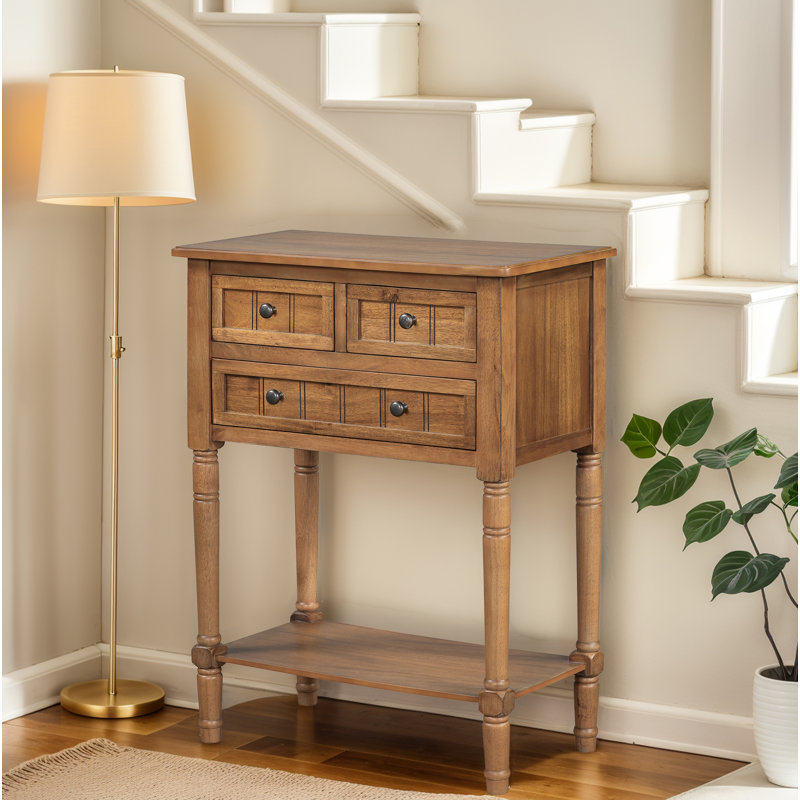 Console Table With 3 Drawers And Bottom Shelf, Natural Wood