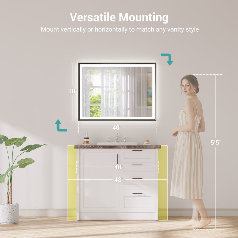 Miroir de salle de bain moderne à DEL avec verre trempé et miroir mural, Noir, 30 po x 40 po