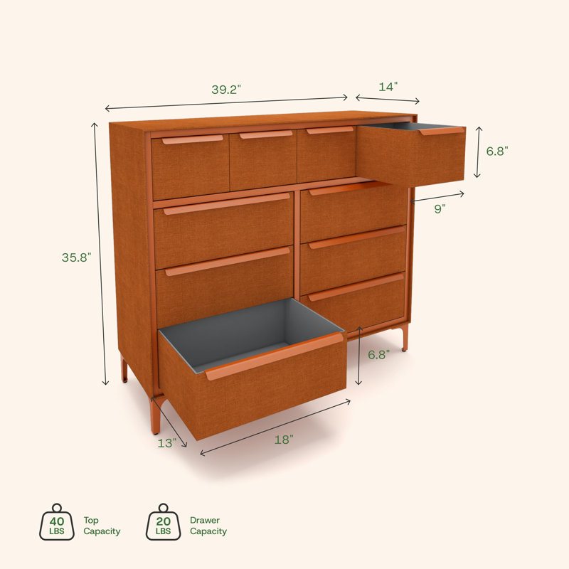 Naima 10 Drawer Fabric Dresser – Orange, Orange, 14"D x 39.2"W x 35.8"H (10 Drawers)
