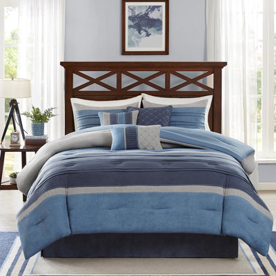 Édredon bleu marine - 7 pièces en microsuède, détails plissés, jupe de lit en microsuède pour lit, 1 édredon, 2 coussins décoratifs,