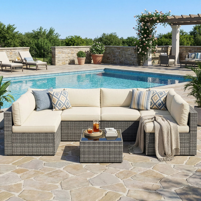 Wicker 6 - Person Modular Patio Conversation Set with Cushions, Gray Frame/Beige Cushion