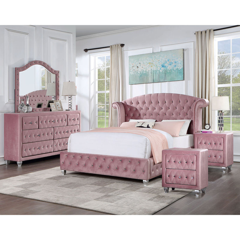 Waldschmidt Upholstered Standard Bedroom Set, Queen, Pink, 3 Pcs: Bed, 2 Nightstands