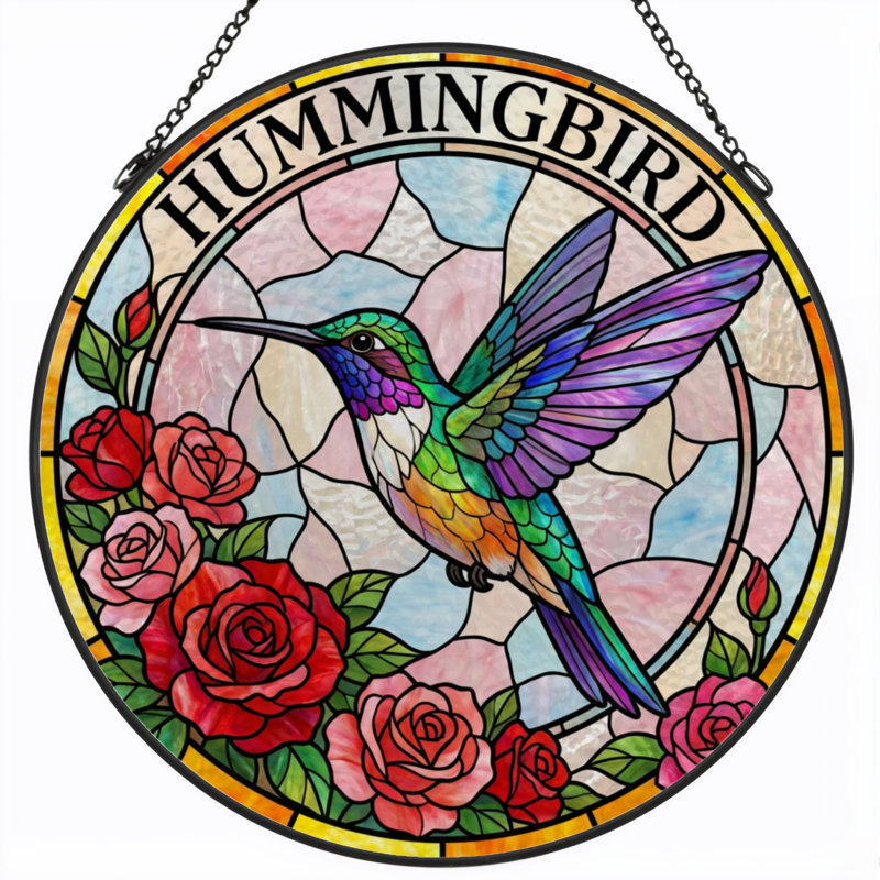 Vitrail de vitrail Hummingbird Roses 7,8 po, H 7,8 po x l 7,8 po