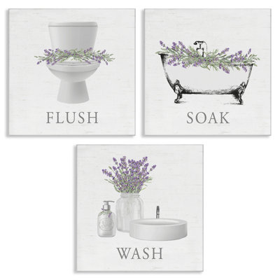 Bathroom Rules with Lavender 3 Piece Canvas Wall Art Set, design by Lettered and Lined