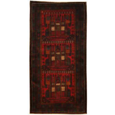 Tapis rouge / bleu marine en laine noué à la main Hartstein
