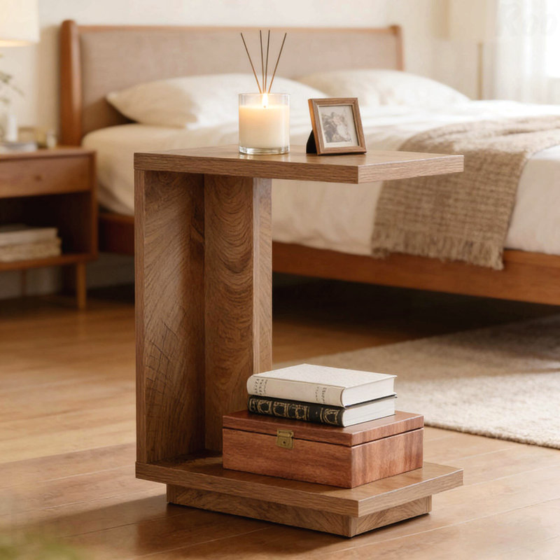 Table de bout d'appoint moderne en bois en C avec tablettes doubles