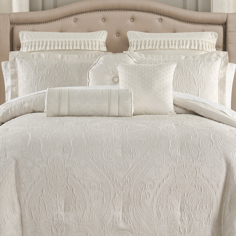 Ivory Satin and Jacquard Decorative Pillow Set, 3 Pieces