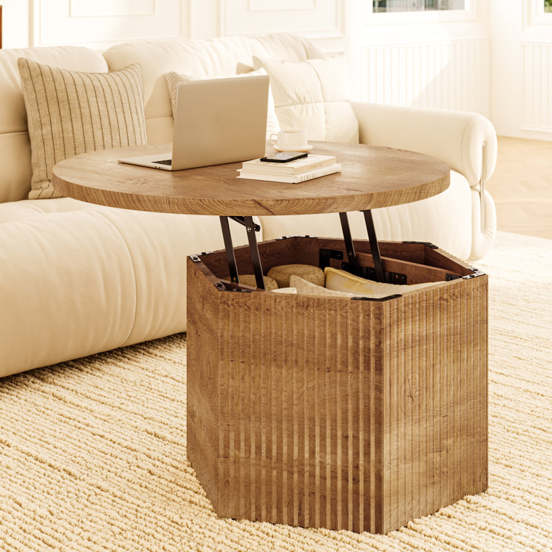 31.5" Lift Top Round Coffee Table with Drum Base, Natural