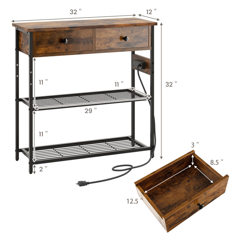 Console avec prises, table de vestibule avec ports USB, table de canapé étroite, table de vestibule, Brun