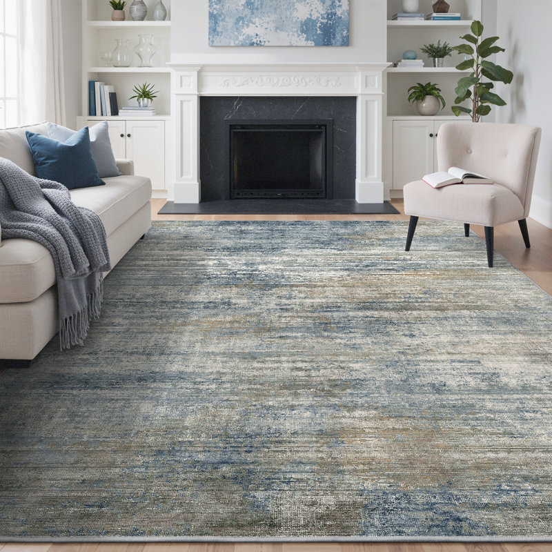 Tapis moderne abstrait - Tapis lavable à la machine antidérapant bleu gris et doré, tapis à poils courts pour animaux de compagnie
