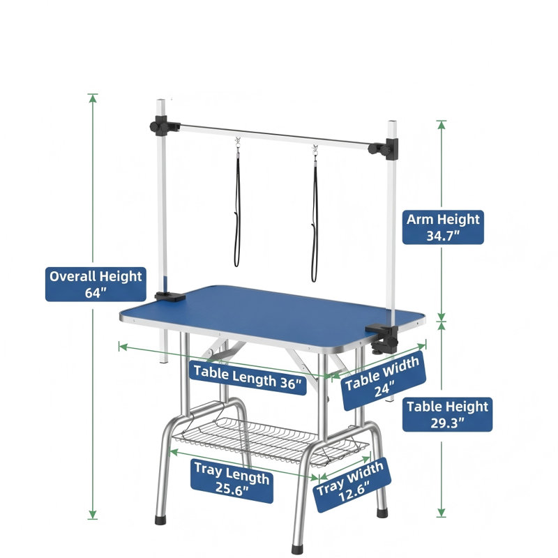 Plateforme de toilettage pliable pour chien de 36 pouces à usage résidentiel, avec bras réglable, corde antidérapante, surface antidérapante et plateau de rangement en filet