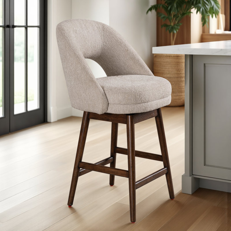 Watanabe Solid Wood Upholstered Swivel Barstool With Fabric Seat, Brown Oak, 1, Counter Stool (26.25" Seat Height)