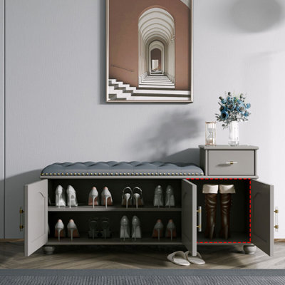 Banc de rangement gris rembourré pour chaussures