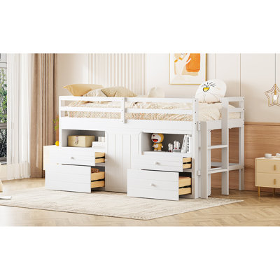 Lit mezzanine simple blanc avec 4 tiroirs, une armoire et des tablettes - confortable pour la chambre à coucher