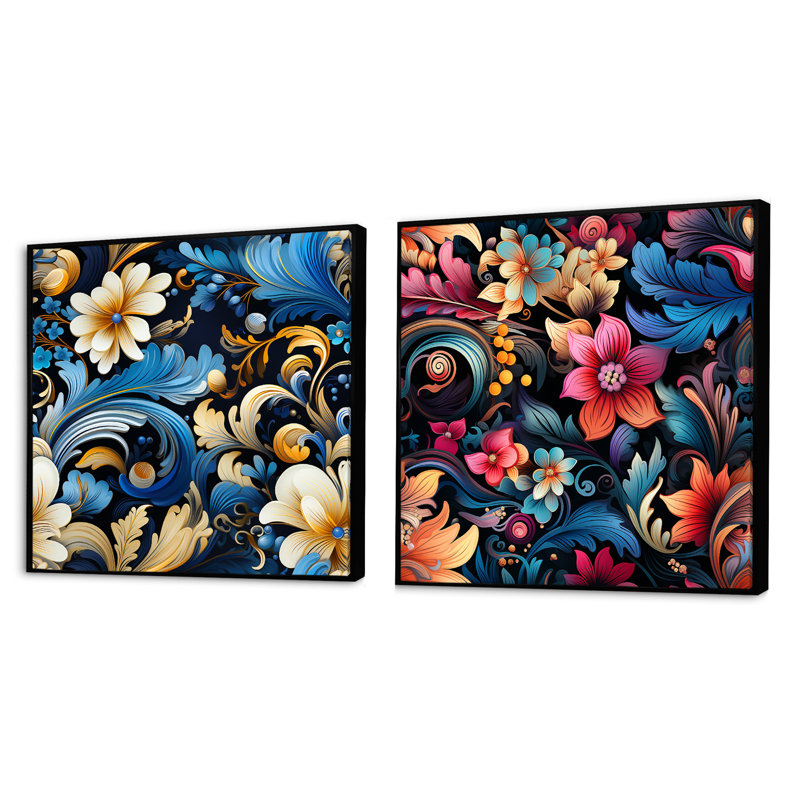 Willenhall - Ensemble de 2 collages floraux et botaniques carrés, Cadre flottant noir, H 16 po x l 33 po