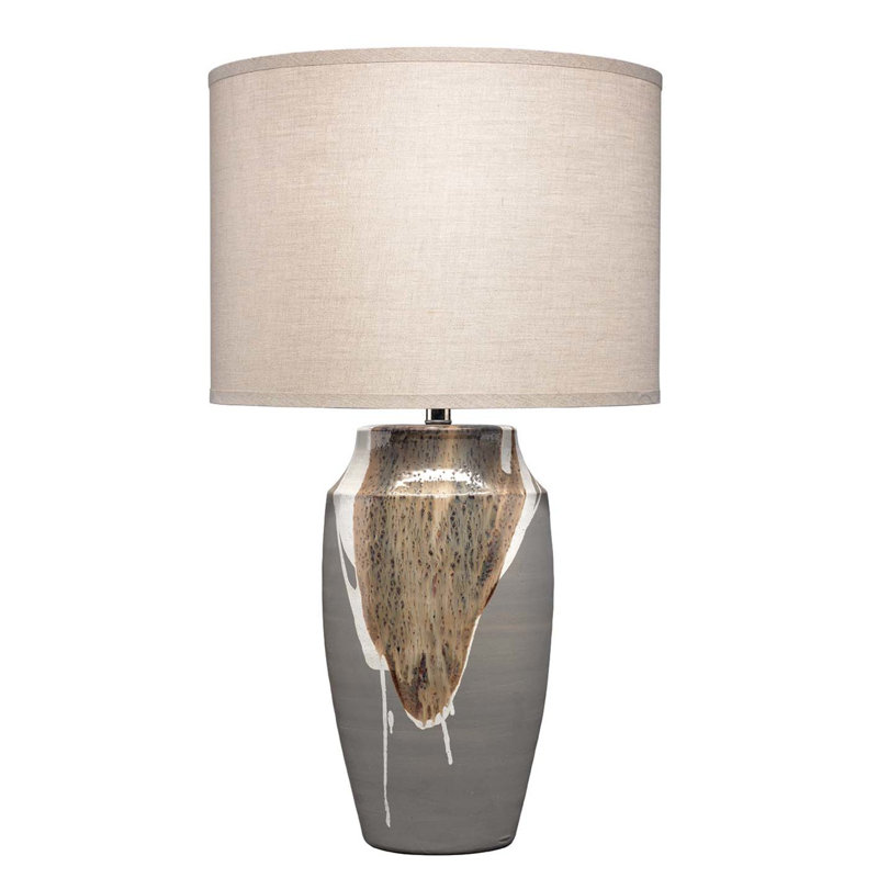 Matte Grey Ceramic Table Lamp with Beige/White Drip and Linen Shade