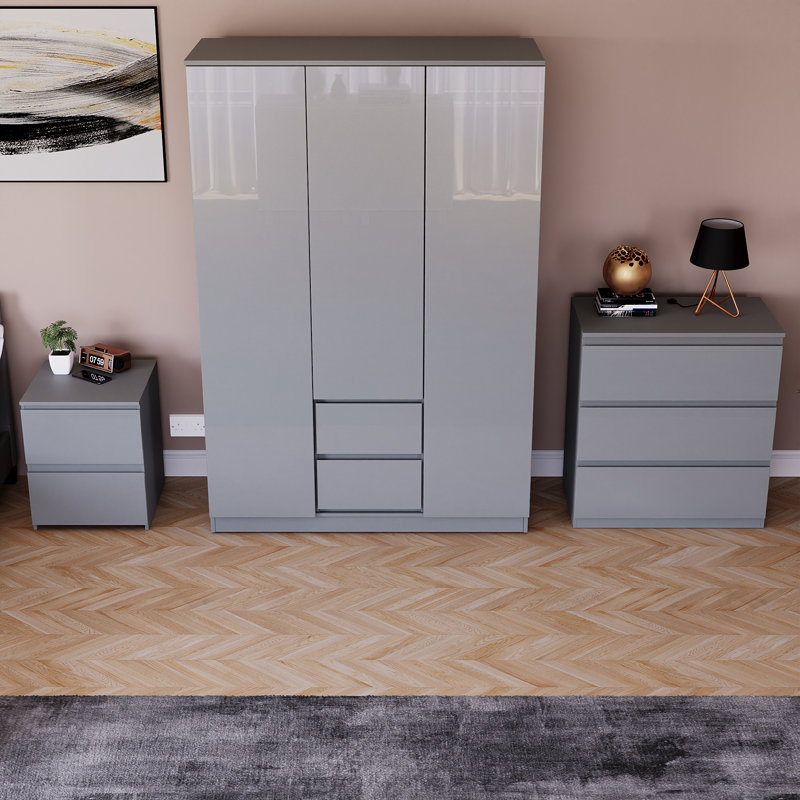 Oslo 3 Piece Bedroom Set (2 Drawer Bedside Chest, 3 Drawer Chest, 3 Door 2 Drawer Wardrobe), (100% FSC), Grey