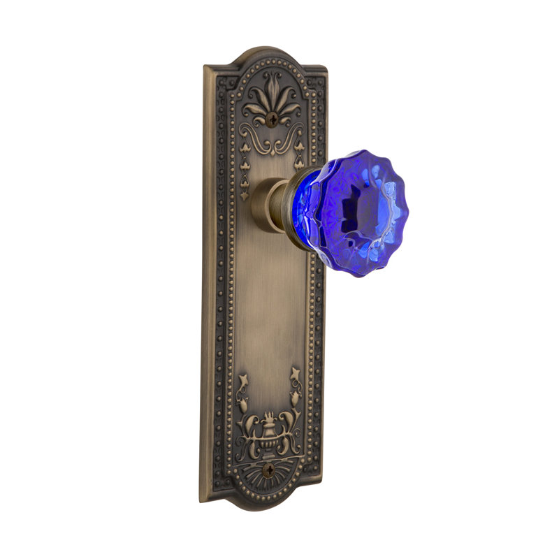 Plaque Meadows avec bouton de porte en cristal cobalt, Laiton antique