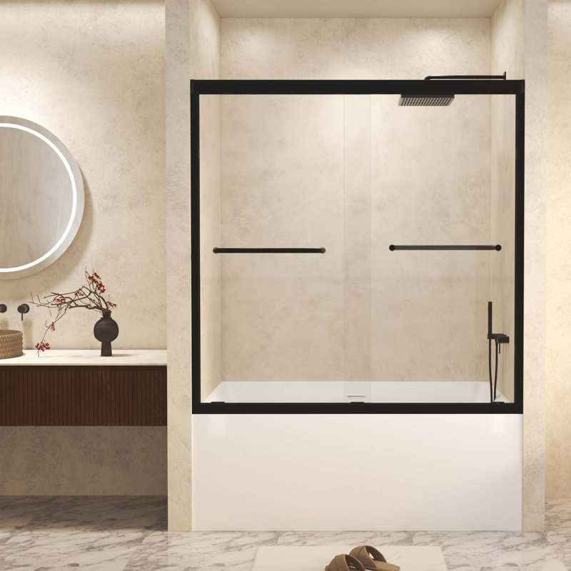 Verre trempé avec film antidéflagrant, double porte de douche coulissante à cadre en aluminium, poignée en acier inoxydable