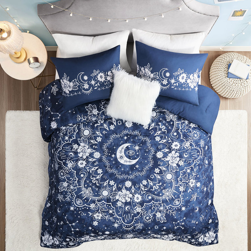 Édredon double / grand céleste - Bleu marine avec et lavable à la machine avec coussin décoratif décoratif étoile de lune