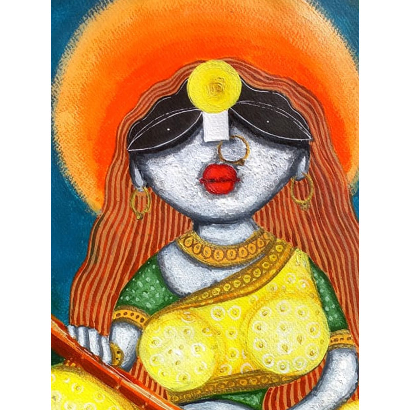 Déesse Saraswati avec Sitar | Acrylique sur papier | Par Tuhin Rakshit