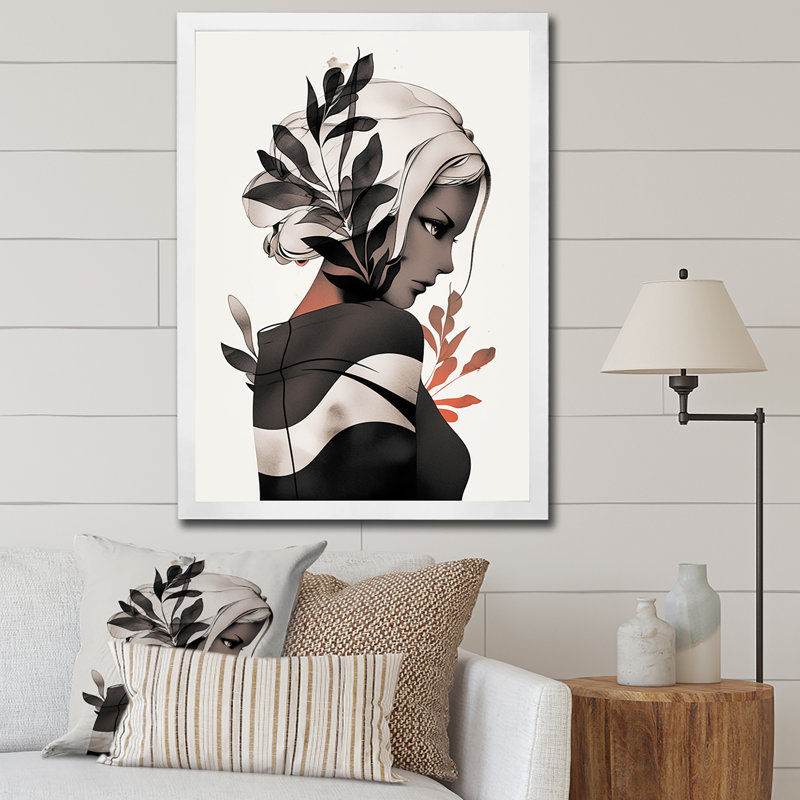 Dessin de femme tropicale, dessin I, Cadre simple blanc, H 32 po x l 16 po x P 1 po