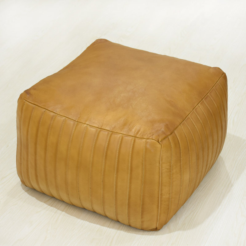 Solid Handmade Goat Leather Pouf (Recycled Cotton Fill), 12'' H x 21" W x 21" D, Square, Yellow Genuine Leather